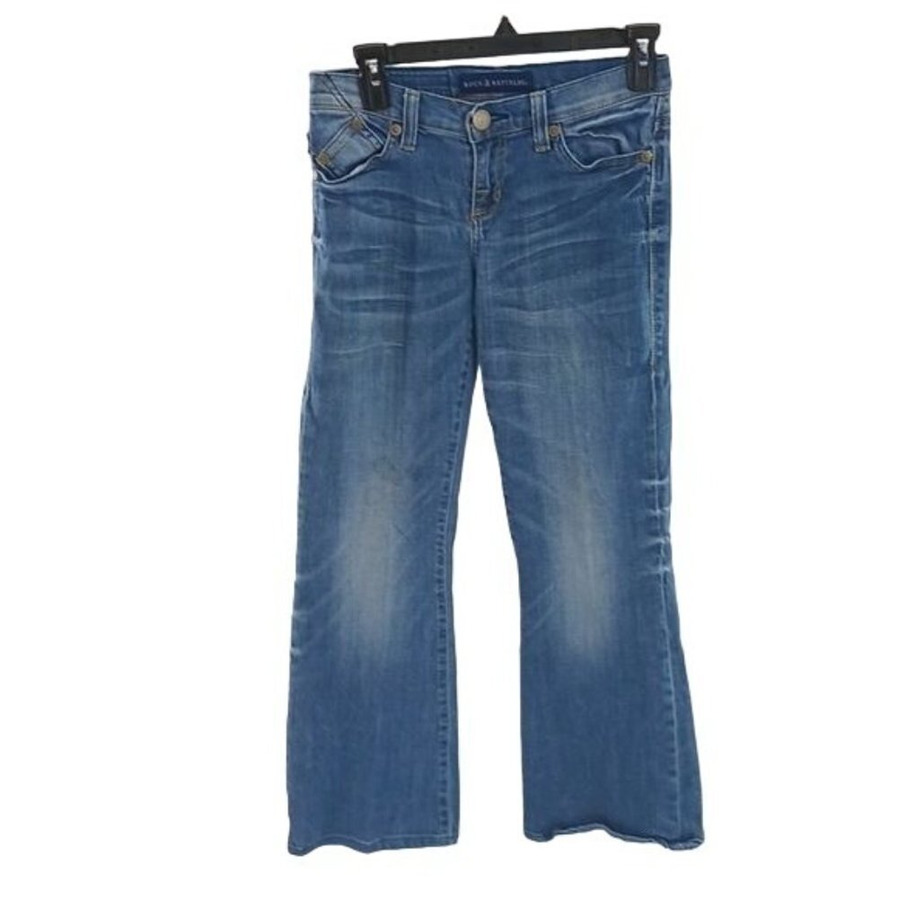 Rock & Republic Roth Flare Jeans Womens Size 0 Blue Denim Mid Rise Embroidered
